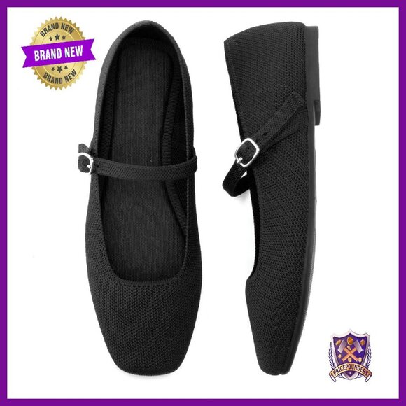 Women's Square Toe Knit Flats with Adjustable Ankle Strap